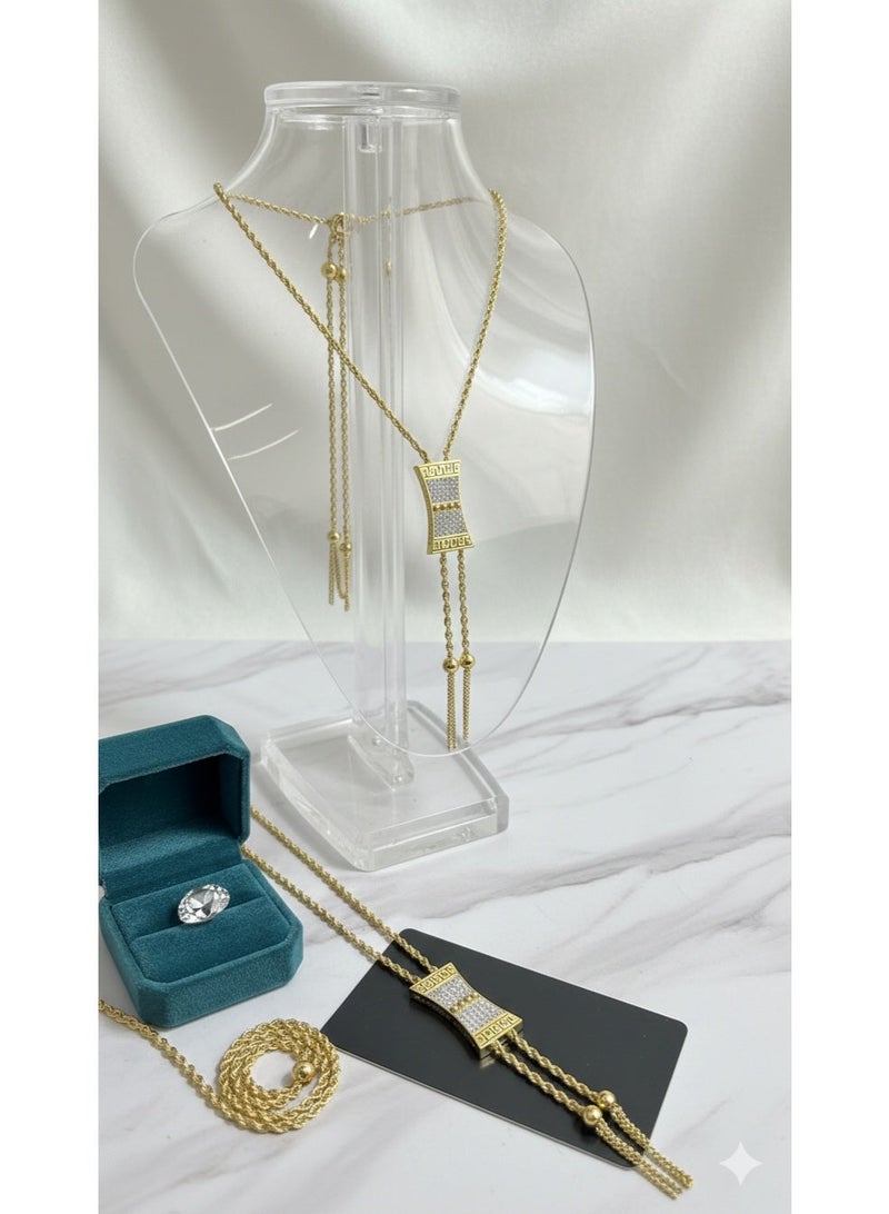 MANIKAN Elegant Bolo Style Necklace Featuring Crystal-Encrusted Rectangular Pendant with Tassel Chains. - Image 3